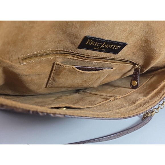 Eric Javits Laptop Tote Brown Croc Embossed Leather Gold Hardware Suede Interior - Picture 10 of 11